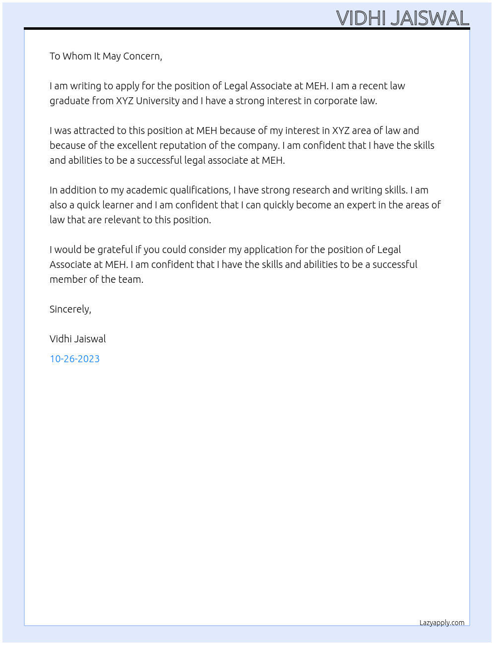 Legal Associate At MEH Cover Letter