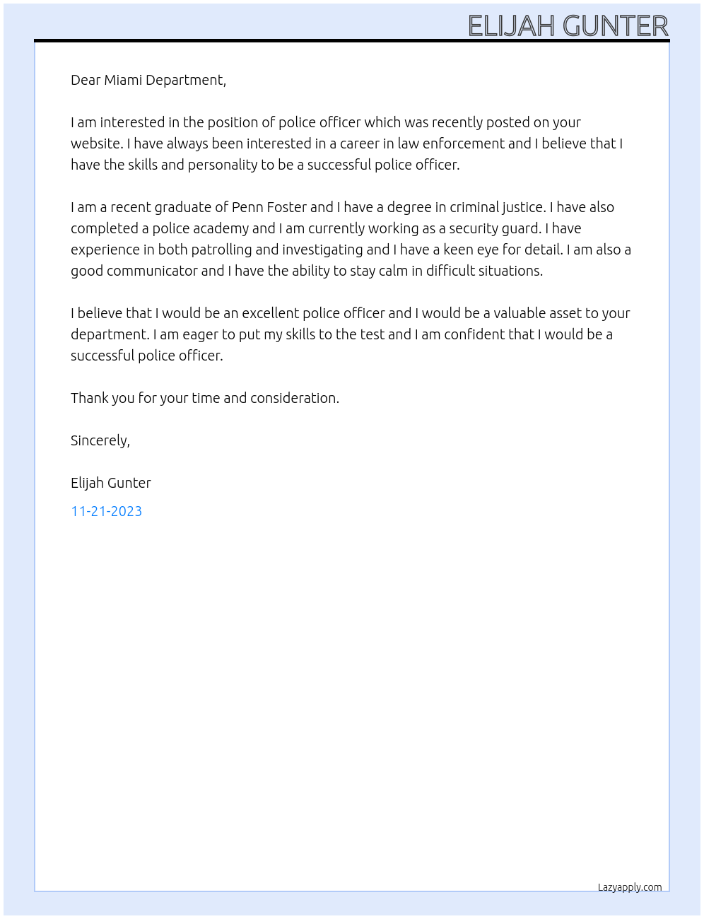 Police Officer At Miami Department Cover Letter