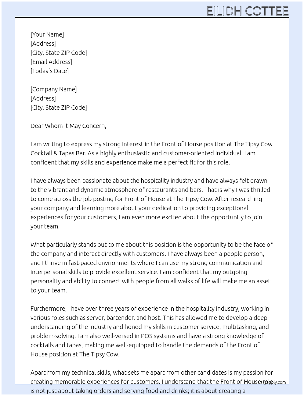 Front of house At The Tipsy Cow Cocktail & Tapas Bar Cover Letter