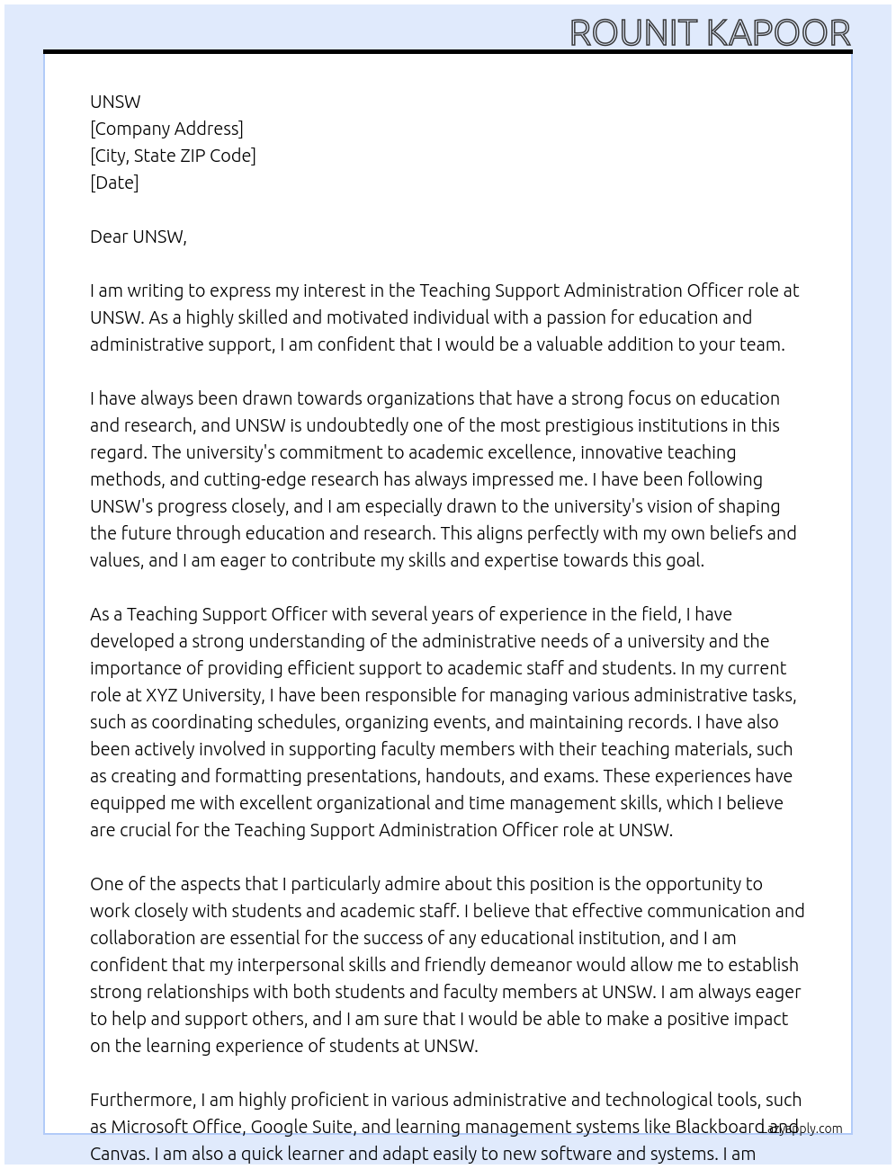 Teaching support administration Officer At UNSW Cover Letter