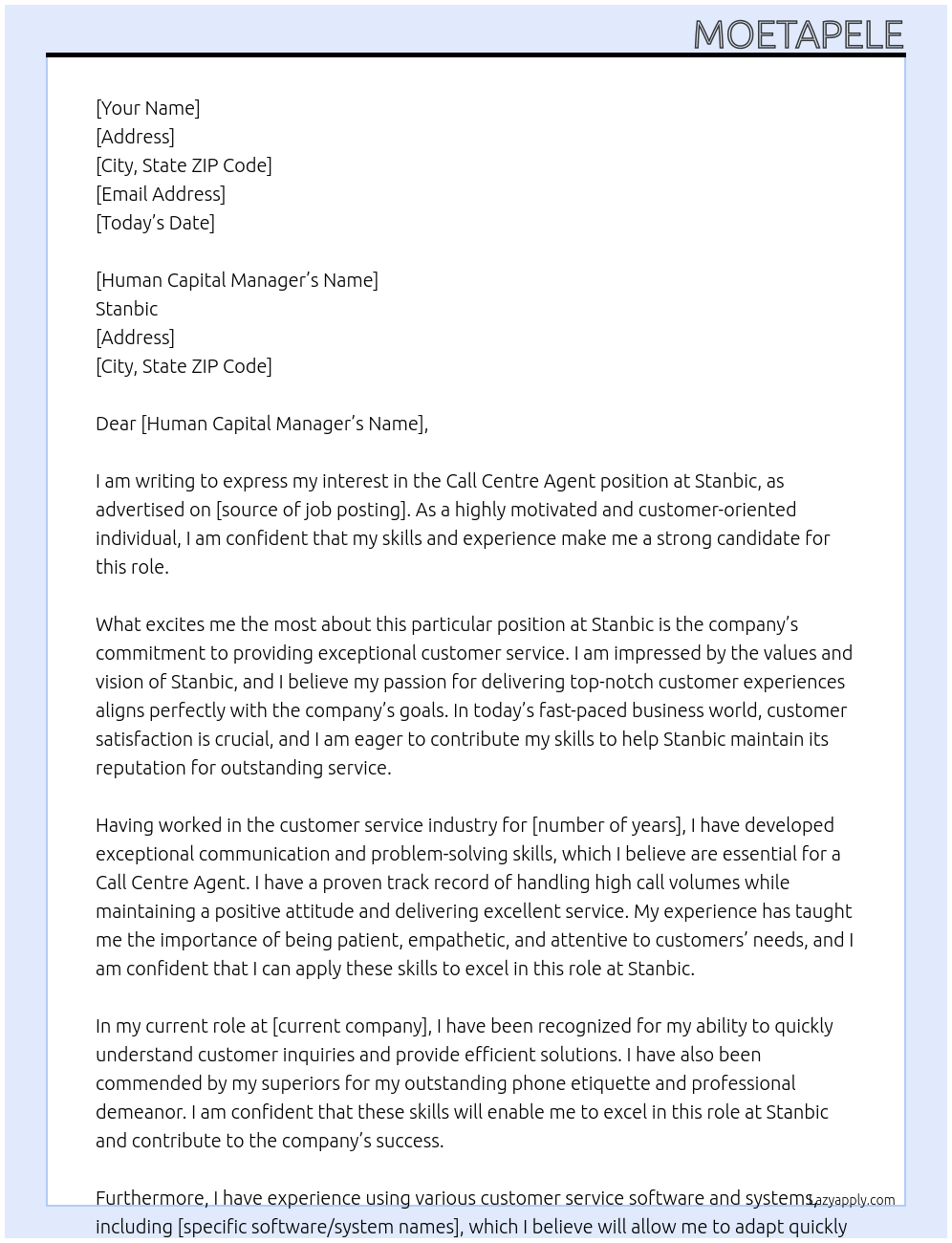 Call Centre Agent At Stanbic Cover Letter