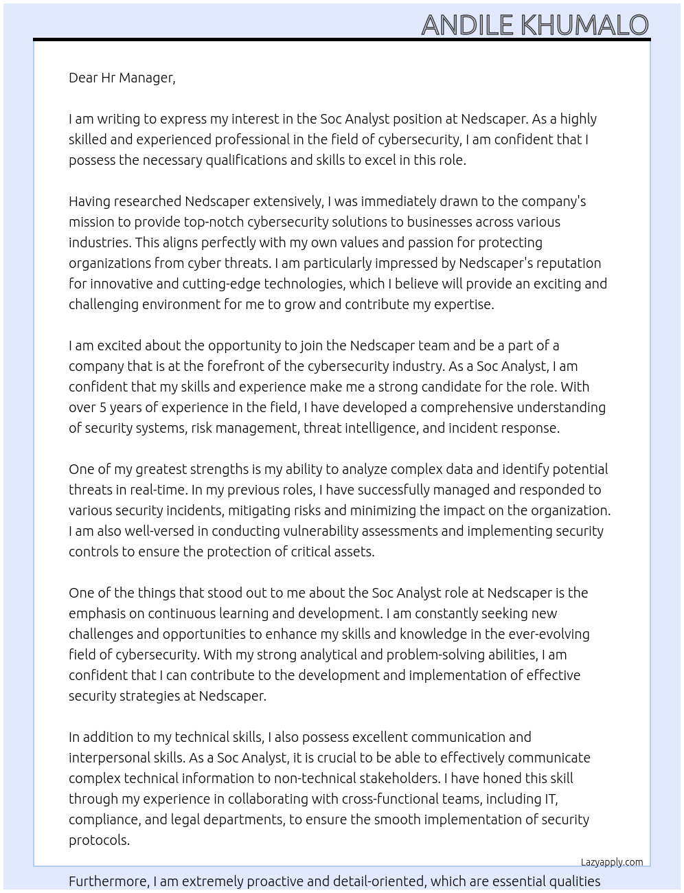 Soc Analyst At Nedscaper Cover Letter