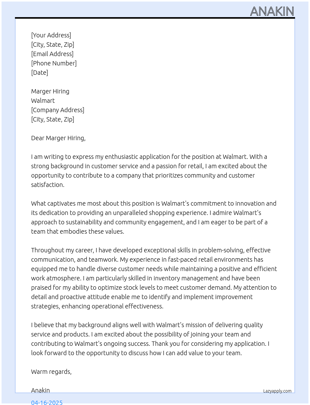 Walmart At walmart Cover Letter