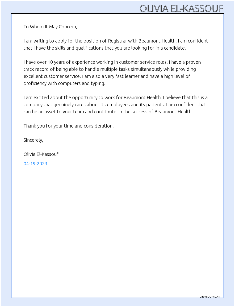 Registrar At Beaumont Health Cover Letter