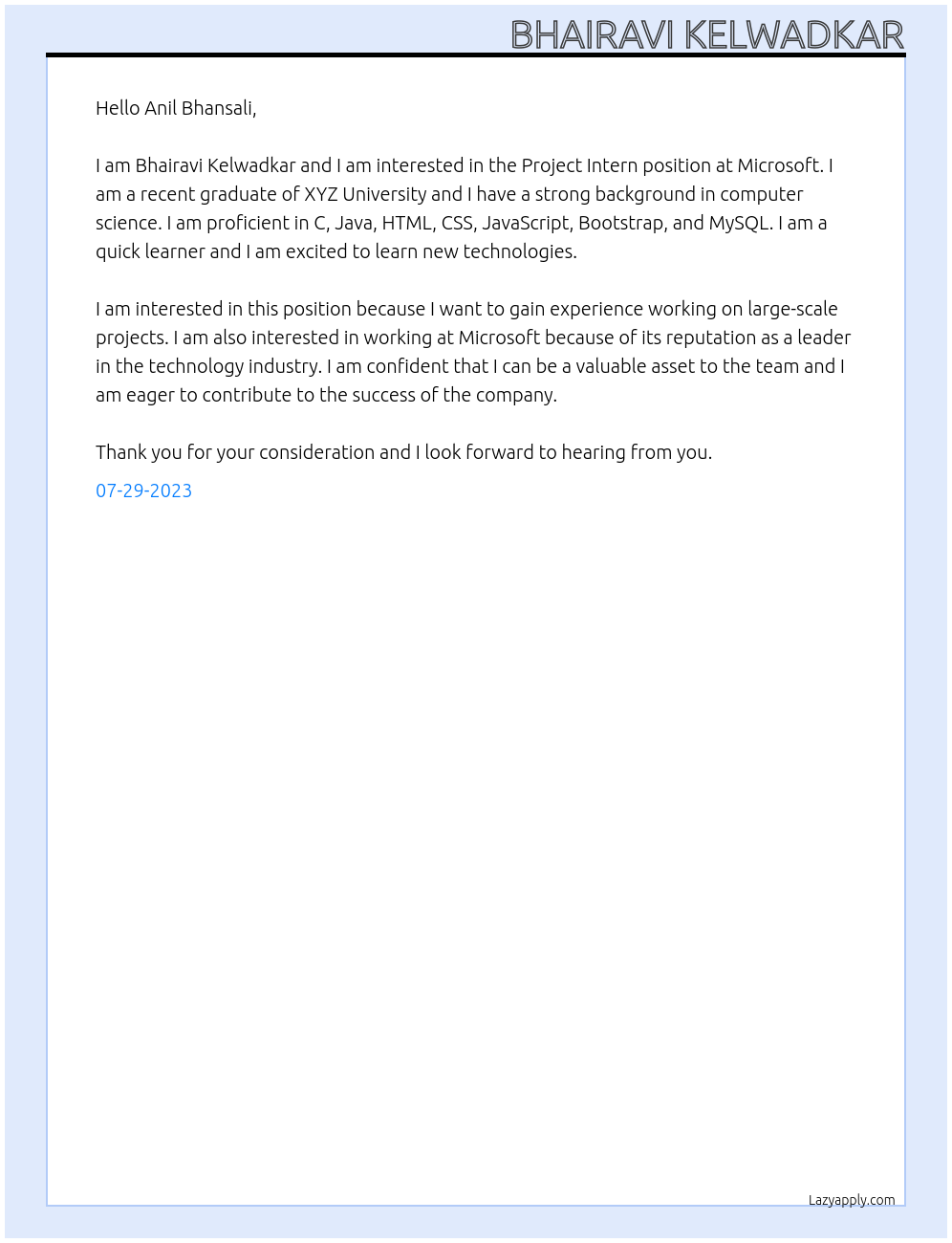Project Intern At Microsoft Cover Letter