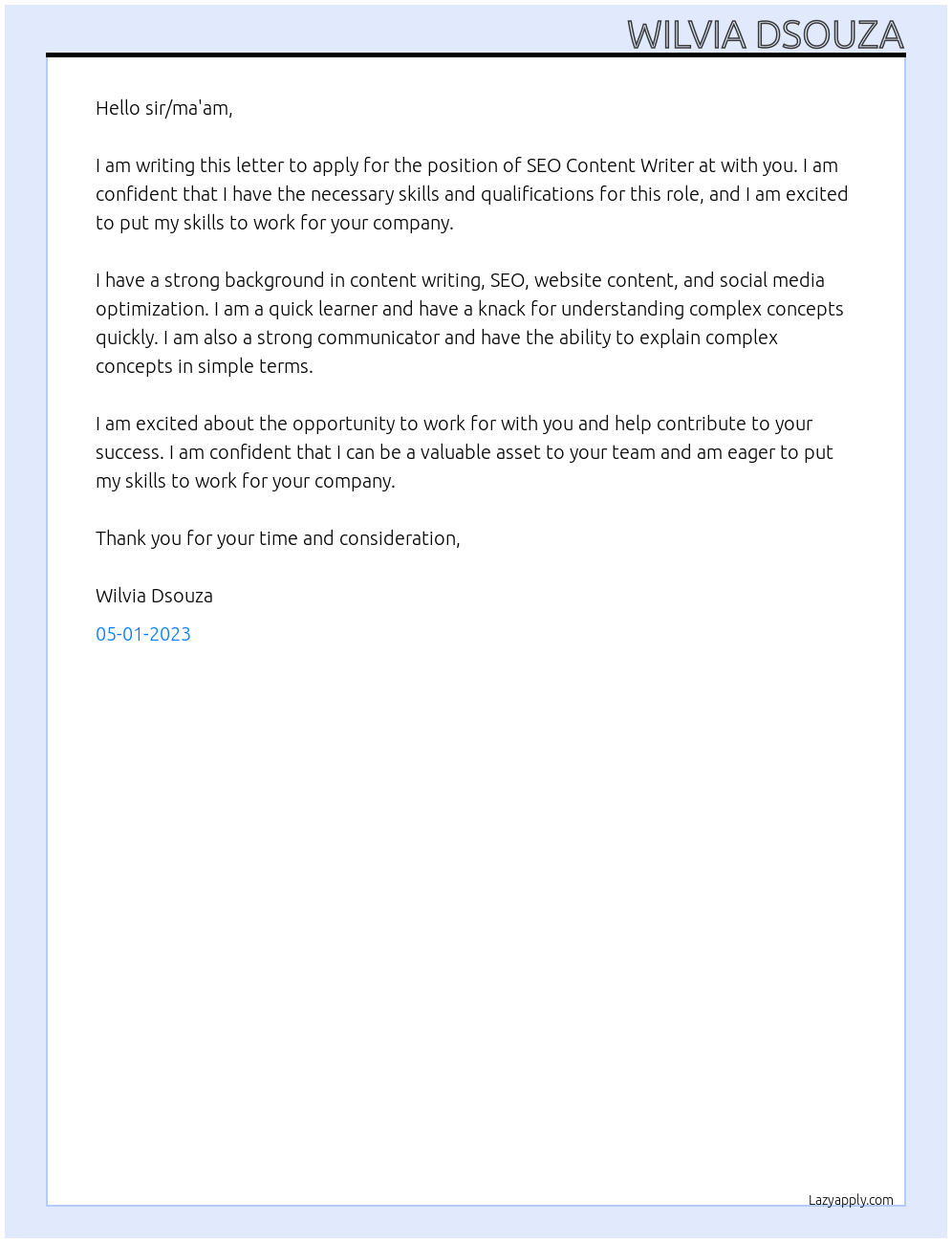 SEO Content Writer At with you Cover Letter