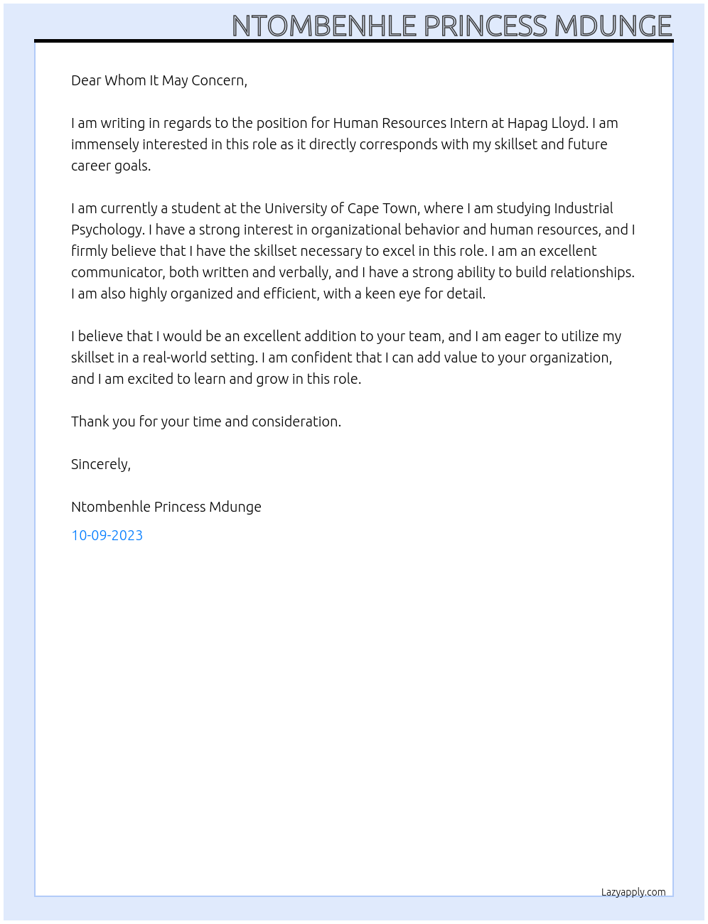 Human Resources Intern At Hapag Lloyd Cover Letter