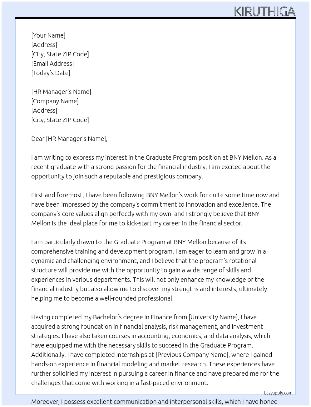 graduate program At BNY mellon Cover Letter
