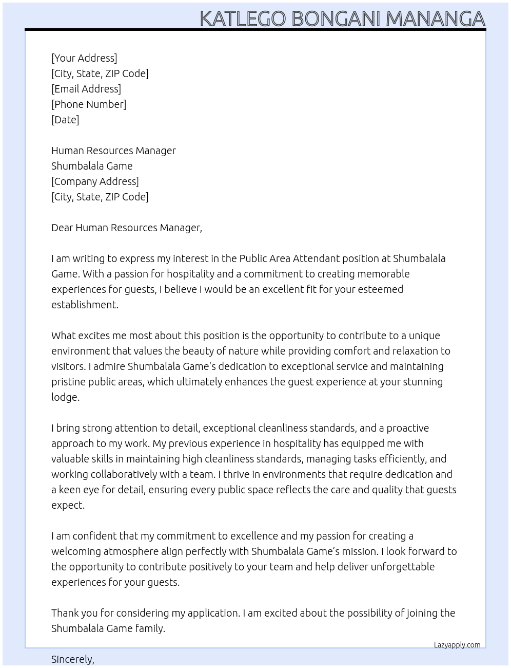 PUBLIC AREA ATTENDANT At SHUMBALALA GAME Cover Letter