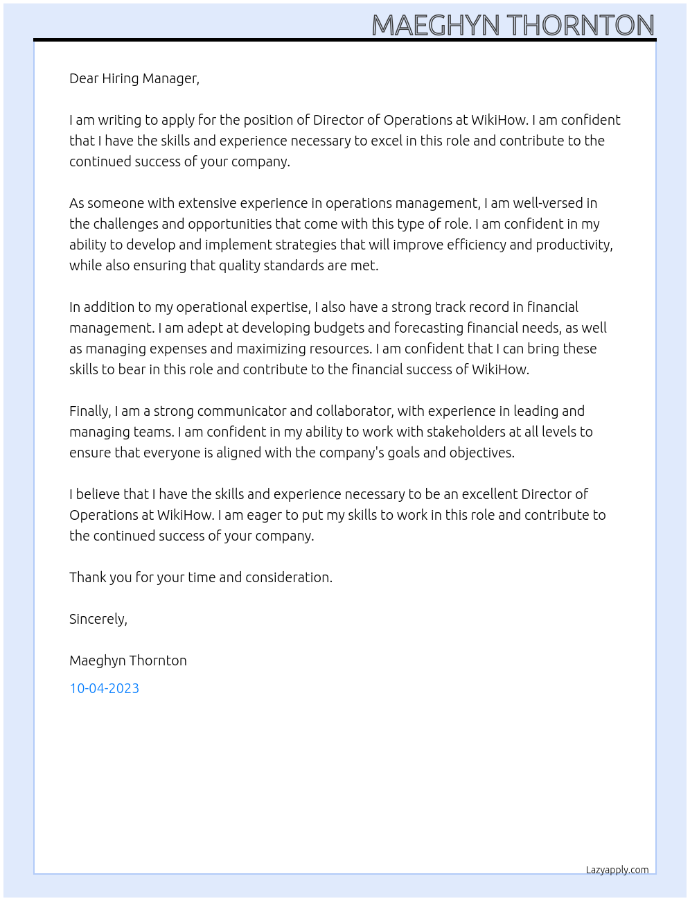 Director of Operations At WikiHow Cover Letter