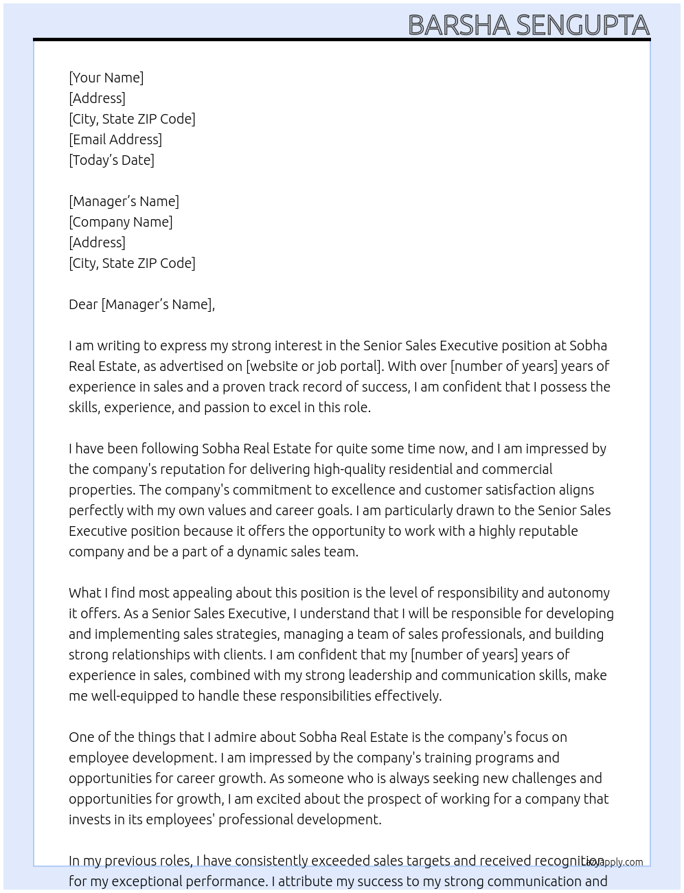 senior sales executive At sobha real estate Cover Letter