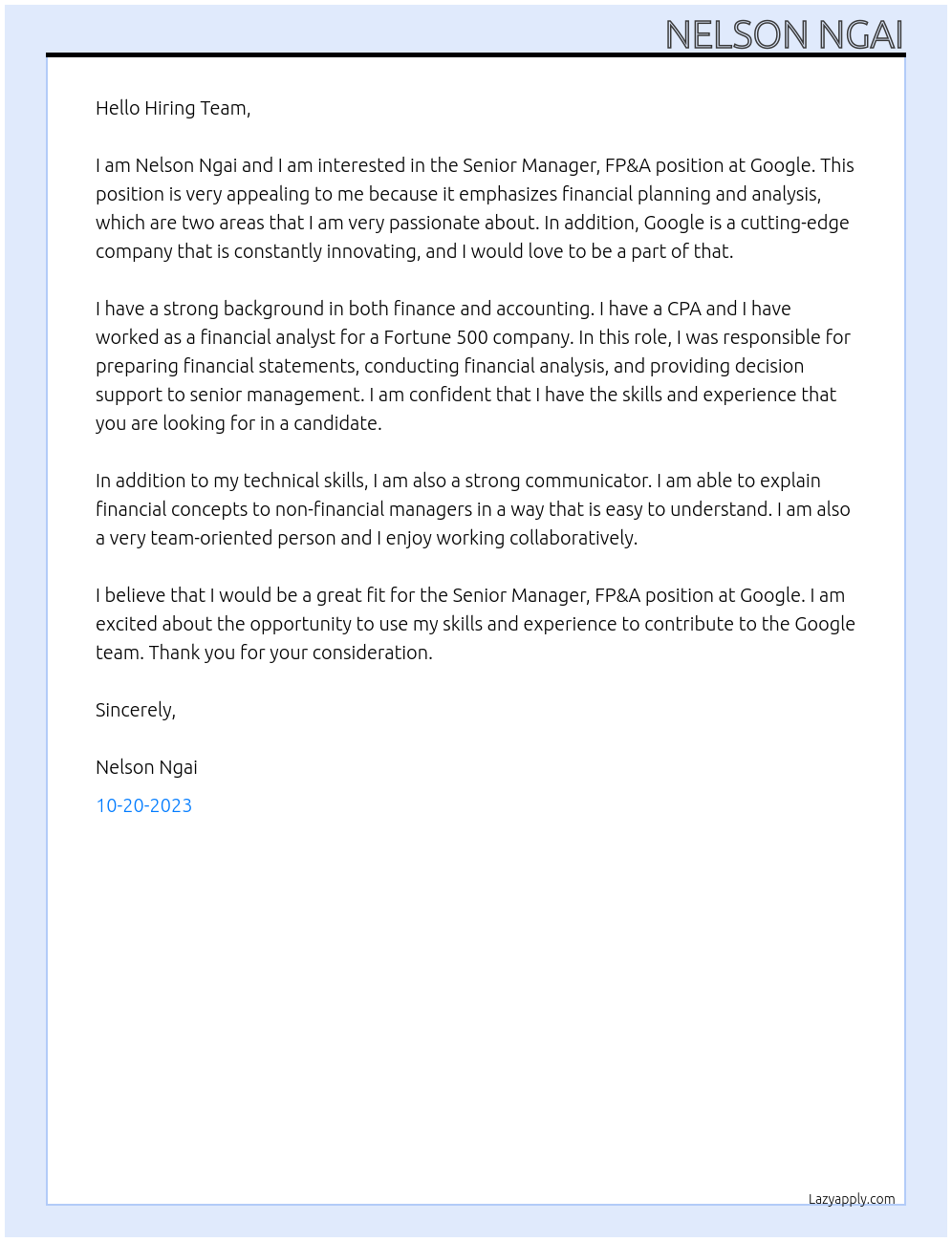 Cover letter for senior manager fp&a - LazyApply