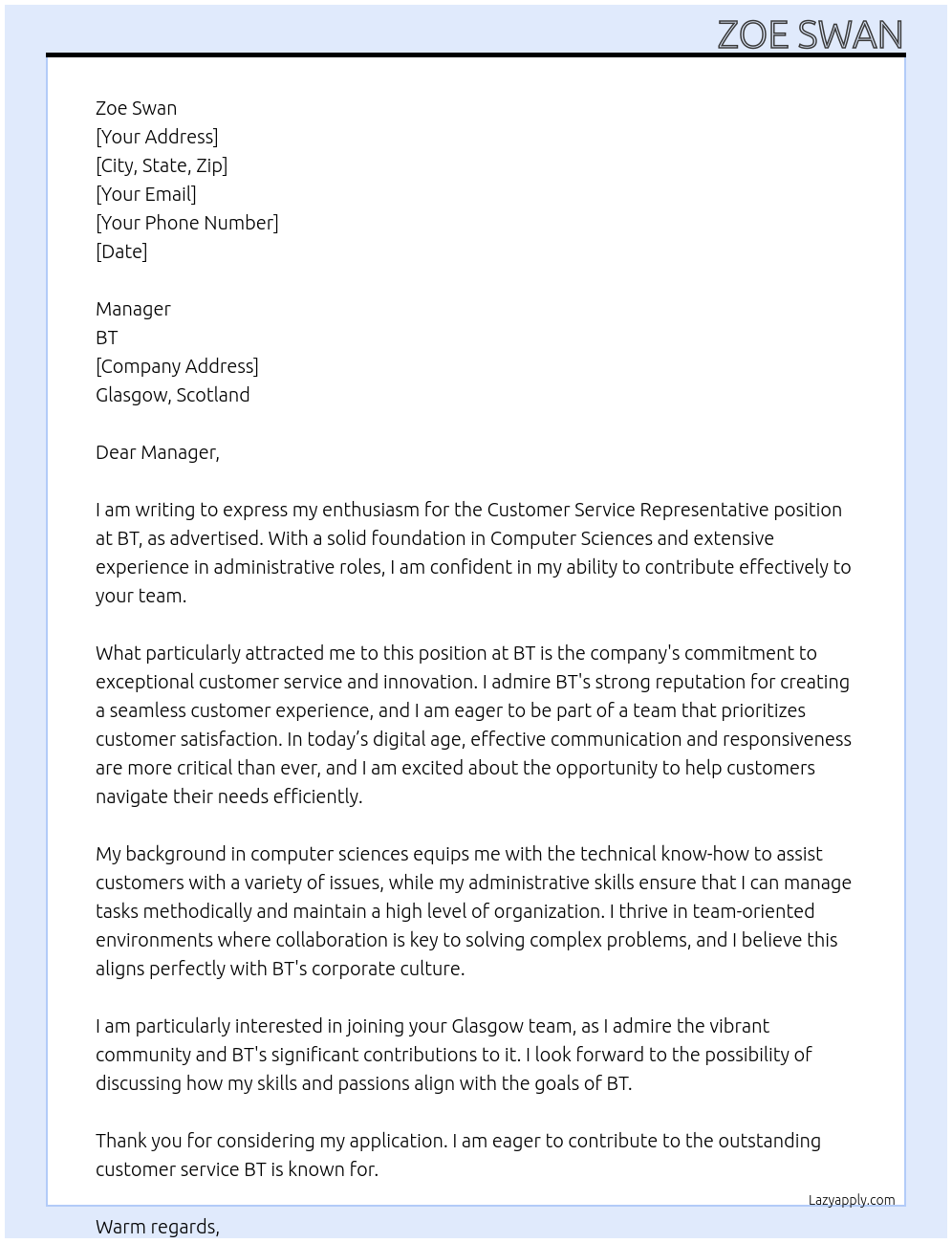 Customer Service Representative At BT Cover Letter