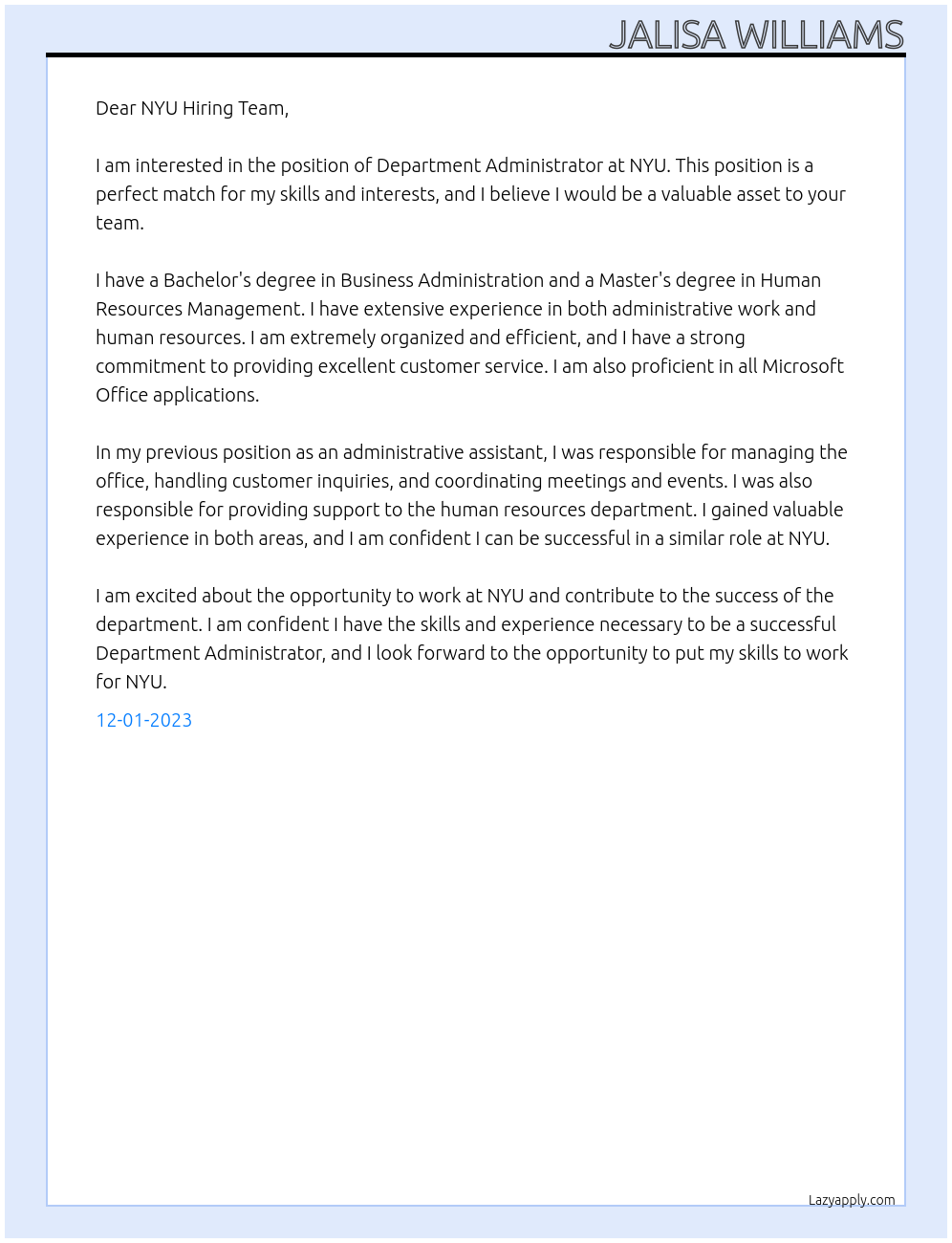 Department Administrator At NYU Cover Letter