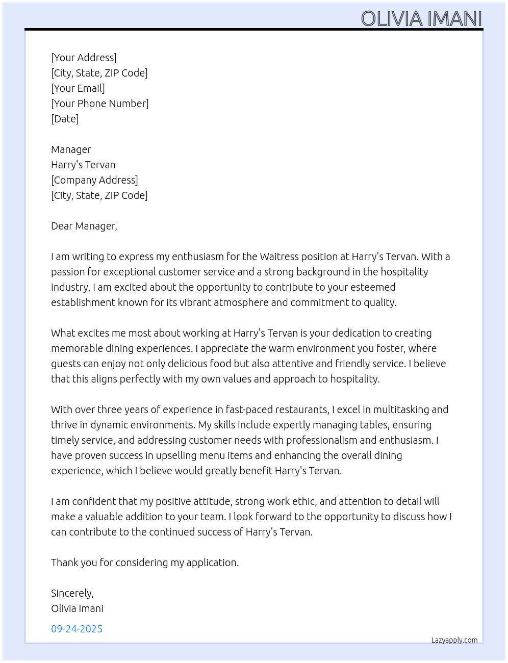 Waitress At Harry's Tervan Cover Letter