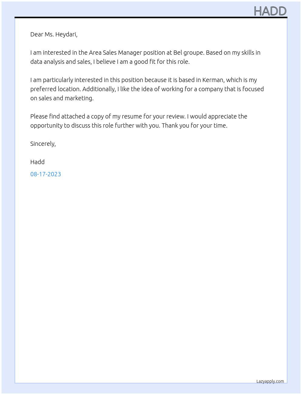 Area sales manager At Bel groupe Cover Letter