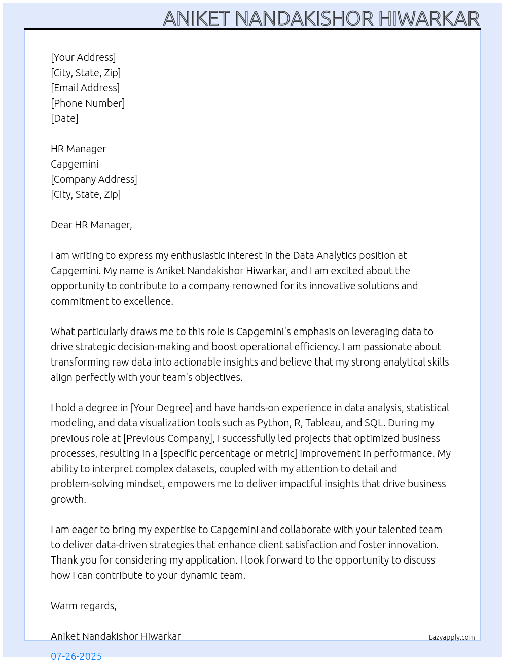 data analytics At capgemini Cover Letter