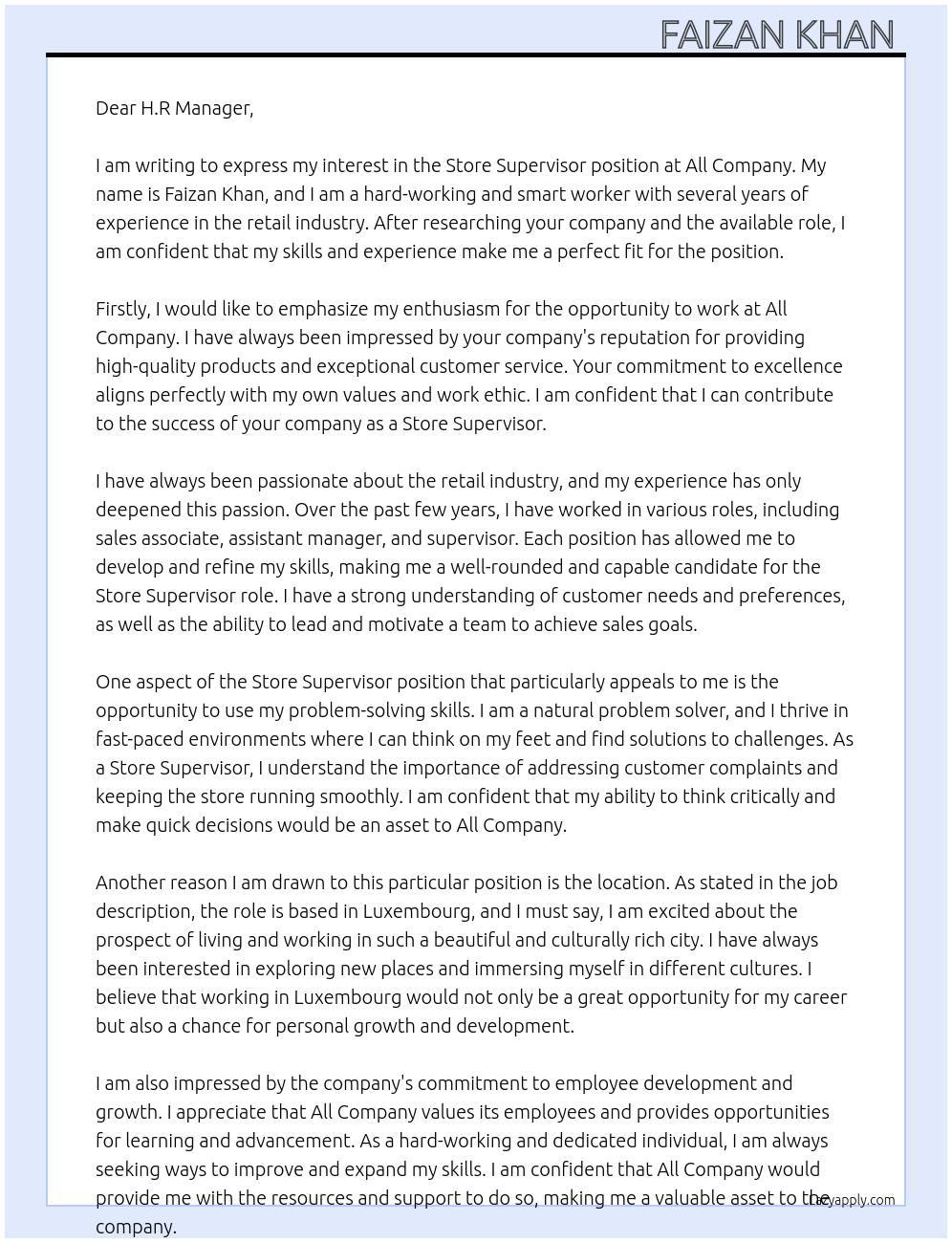 Store supervisor At All company Cover Letter