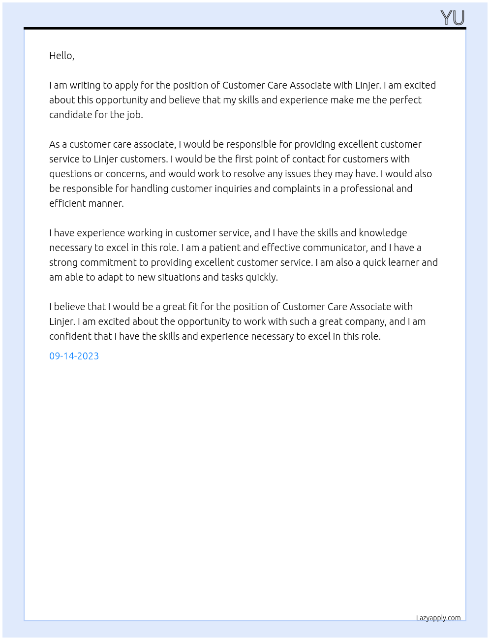 Customer Care Associate  At Linjer Cover Letter