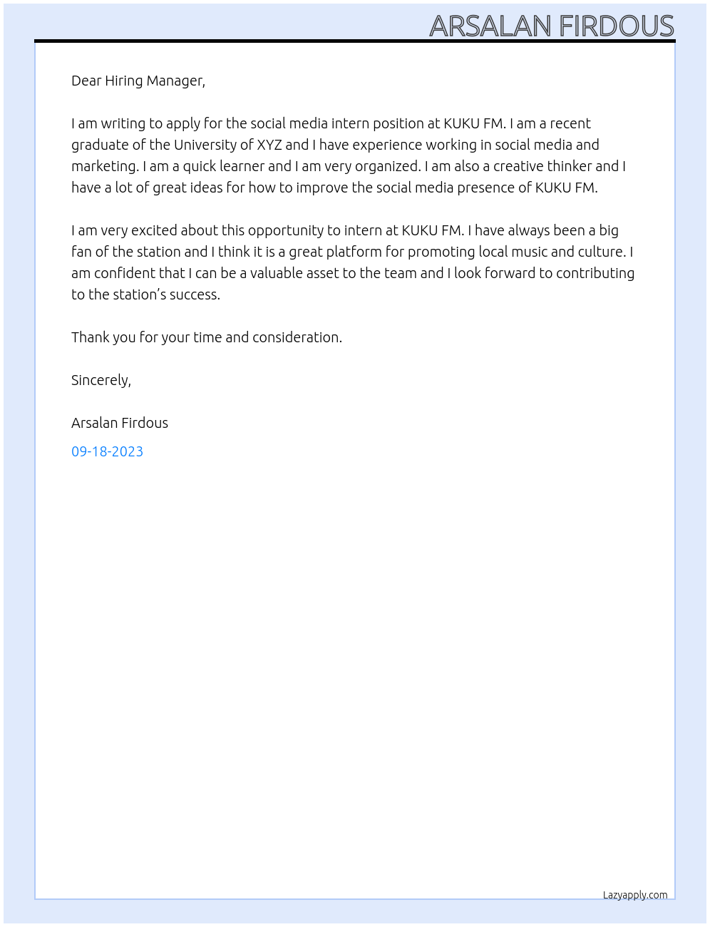 social media intern At KUKU FM Cover Letter