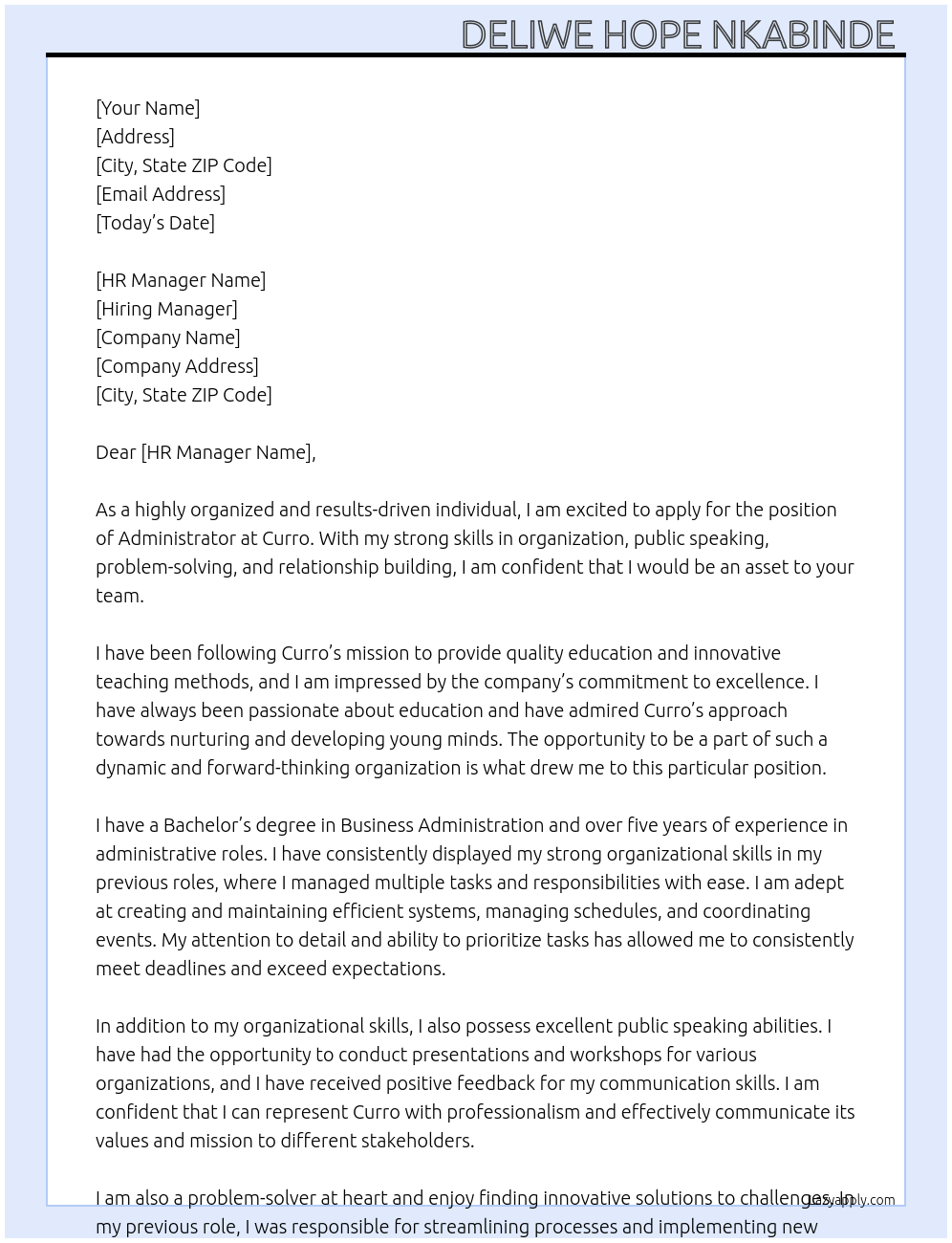 Administrator  At Curro Cover Letter