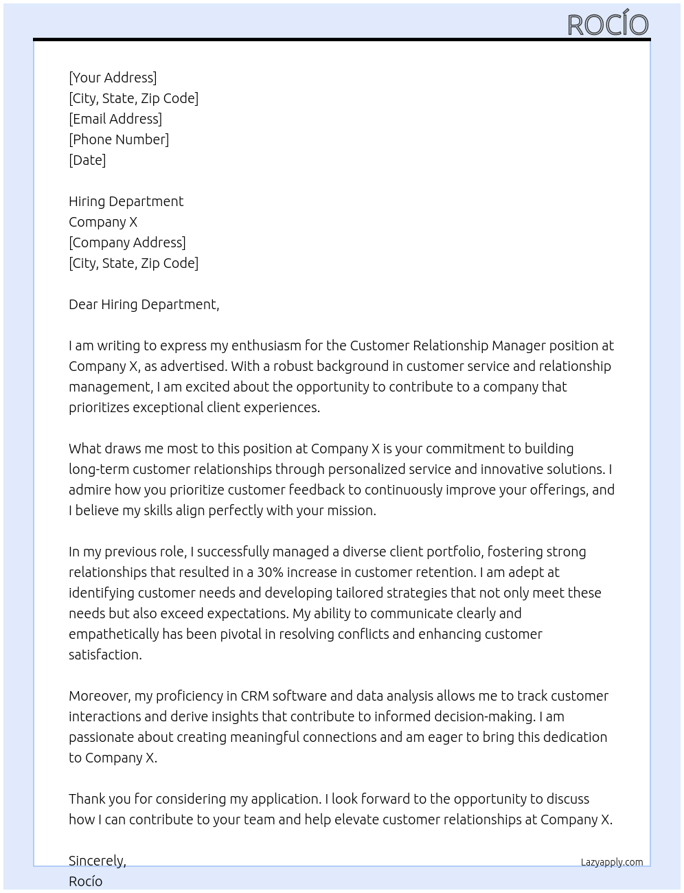 Customer Relationship Manager At x Cover Letter