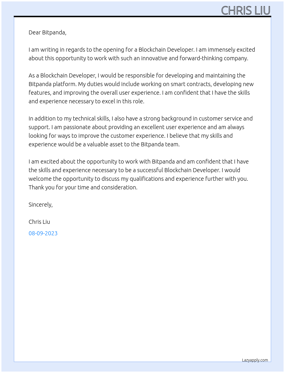 Blockchain Developer At Bitpanda Cover Letter