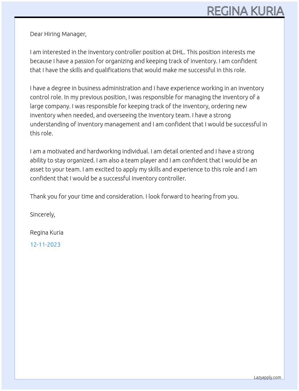 inventory controller At DHL Cover Letter