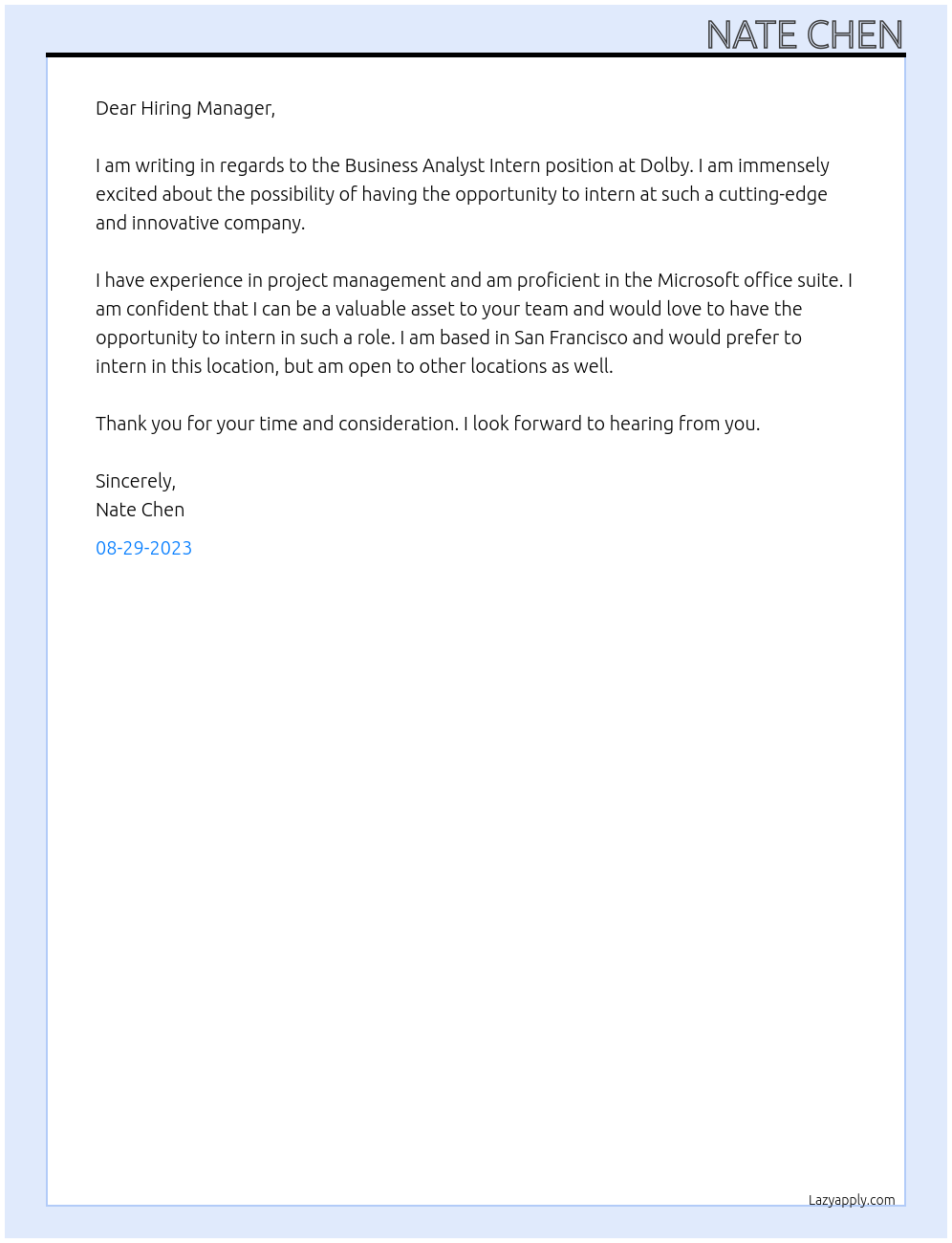 Business Analyst Intern At Dolby Cover Letter