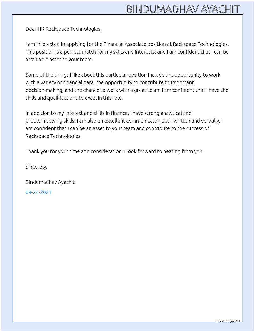 Financial Associate At Rackspace Technologies Cover Letter
