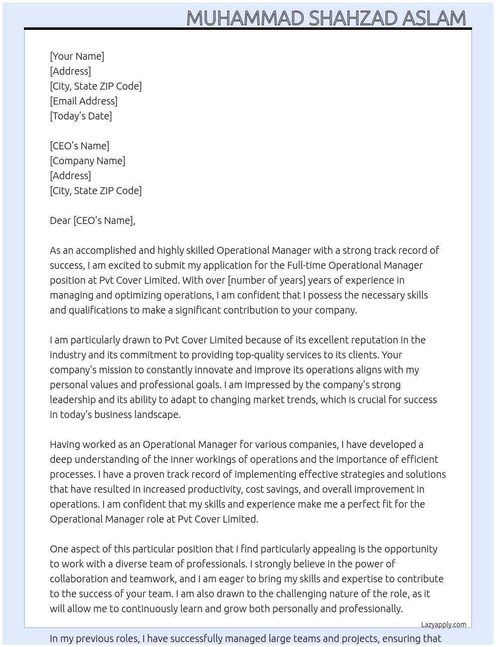 Operational Manager  At Pvt cover limited  Cover Letter