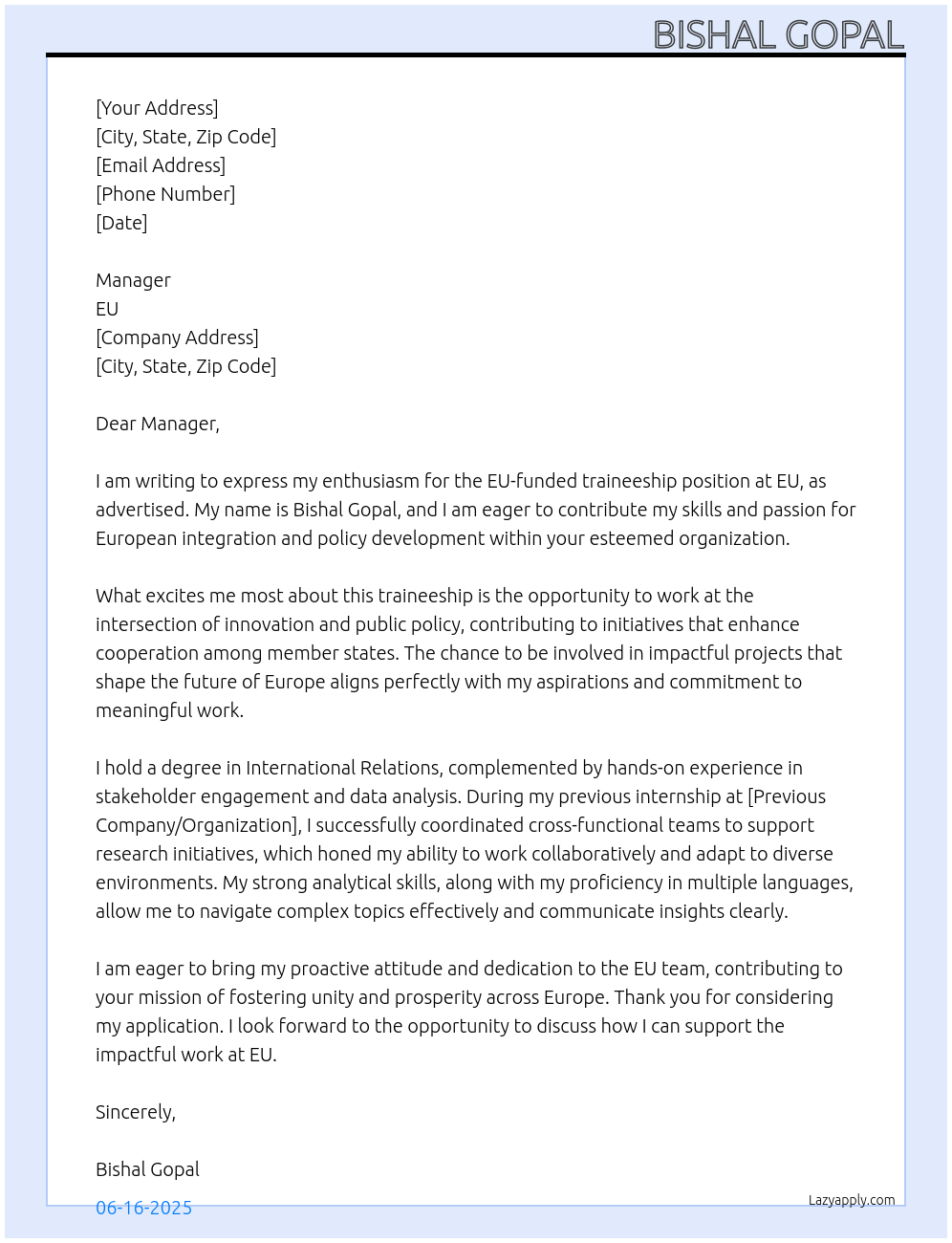 Cover letter for eu funded traineeship - LazyApply