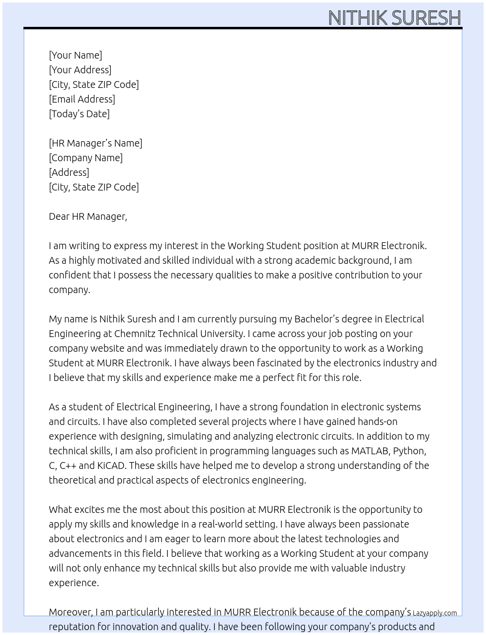 Working Student At MURR Electronik Cover Letter