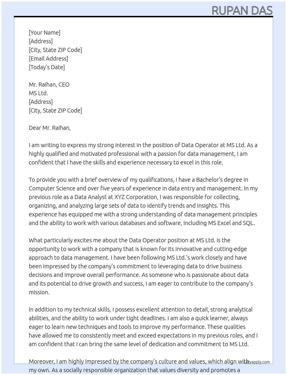 data operator At ms ltd Cover Letter