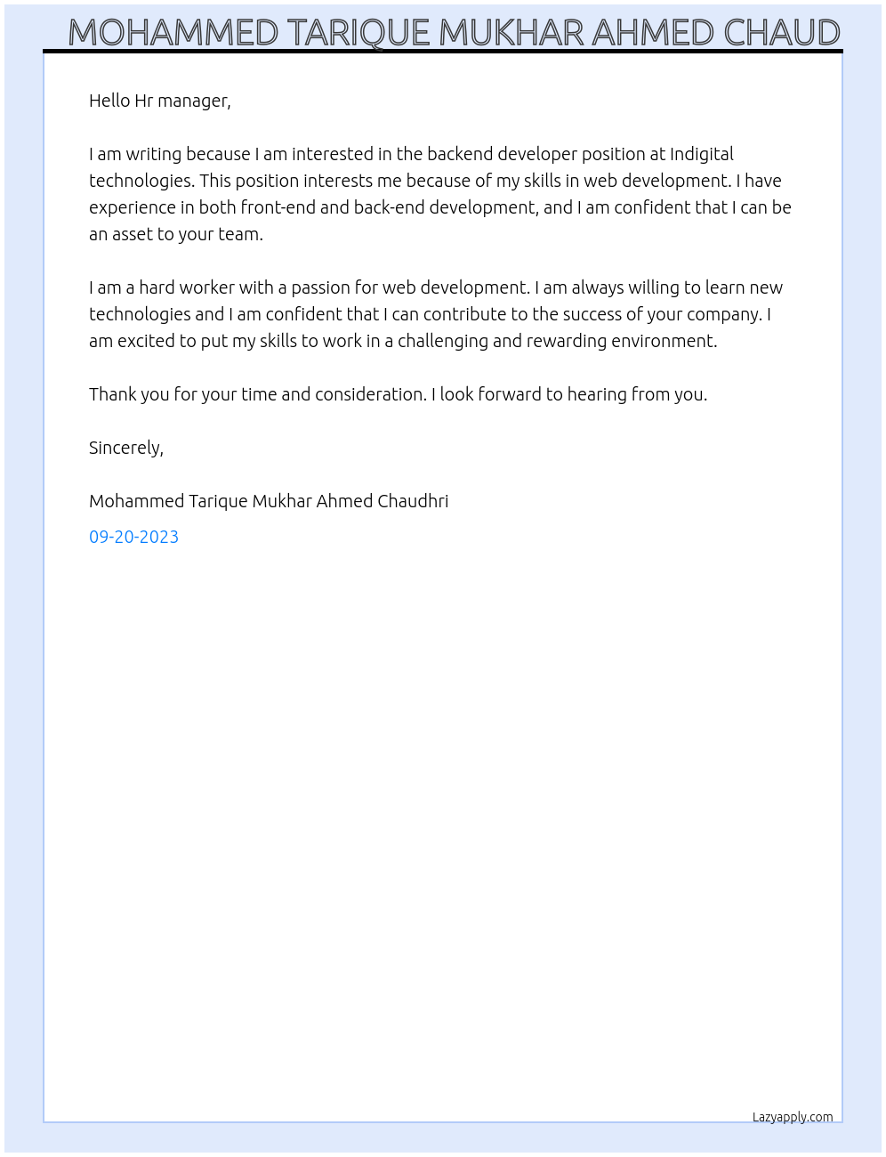 Backend developer At Indigital technologies Cover Letter