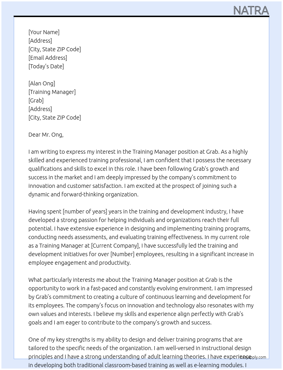 Training Manager At Grab Cover Letter