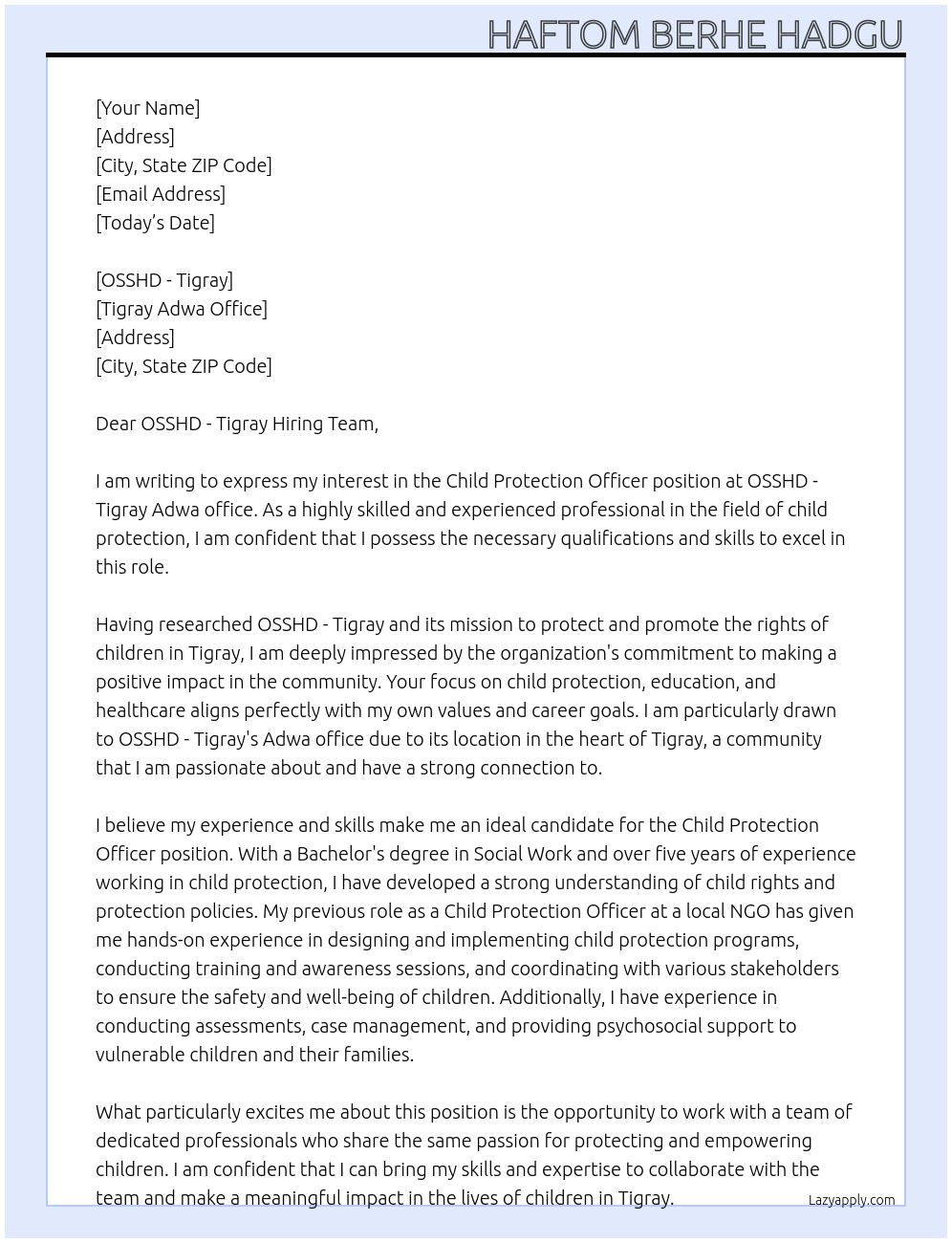 Child protection officer At OSSHD - Tigray Cover Letter