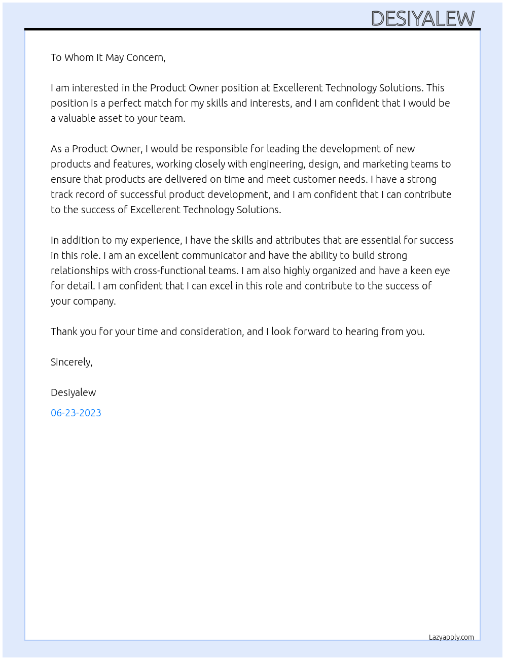 Product Owner At Excellerent Technology Solutions Cover Letter