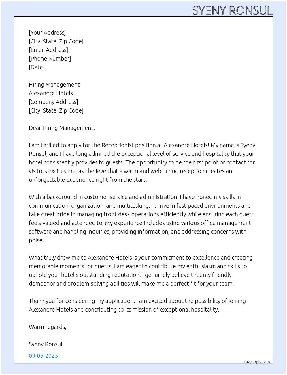 Receptionist At Alexandre Hotels Cover Letter