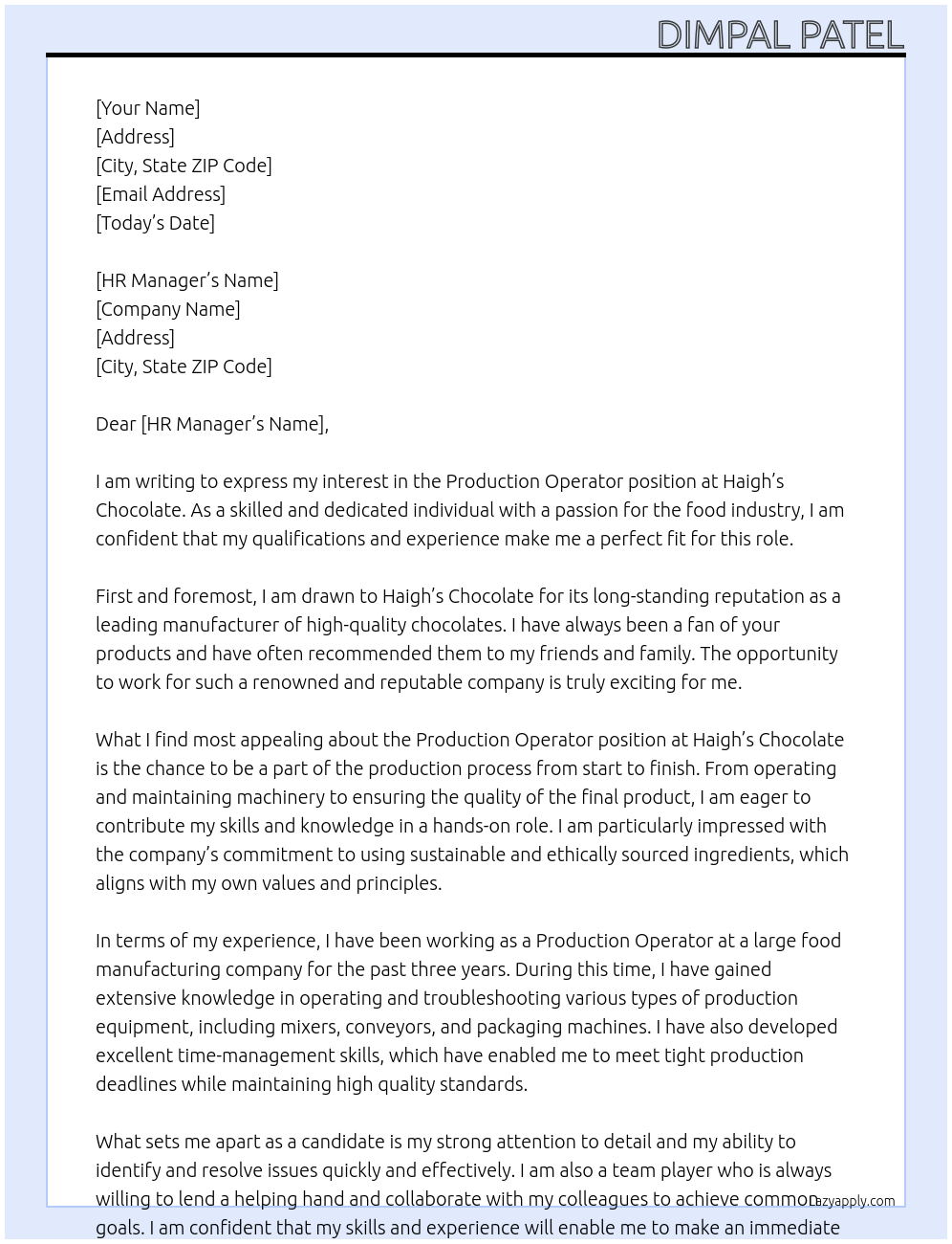 Production Operator At Haigh's Chocolate Cover Letter