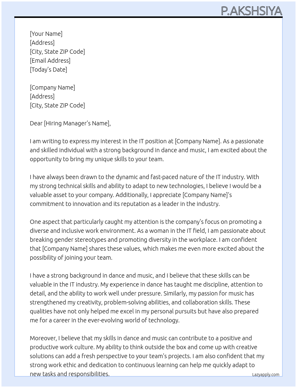 It At IT company Cover Letter