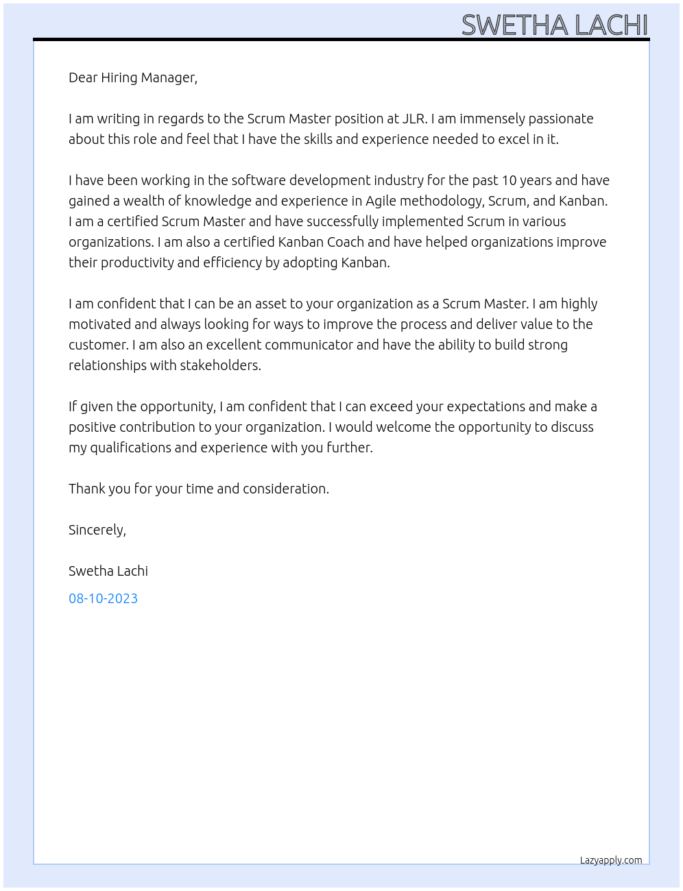 Scrum Master At JLR Cover Letter