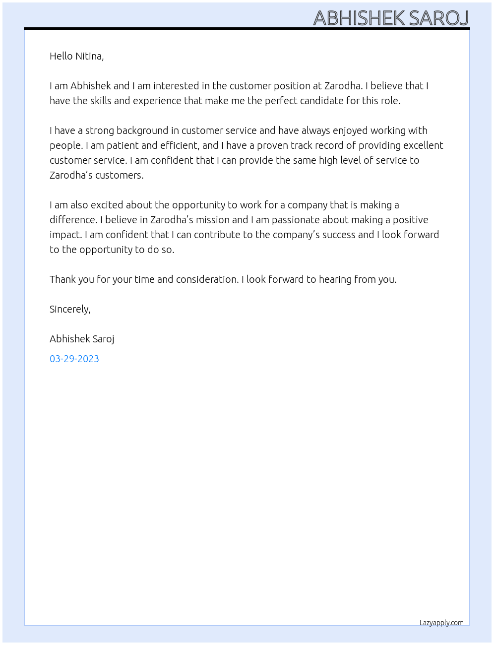 Customer  At Zarodha  Cover Letter