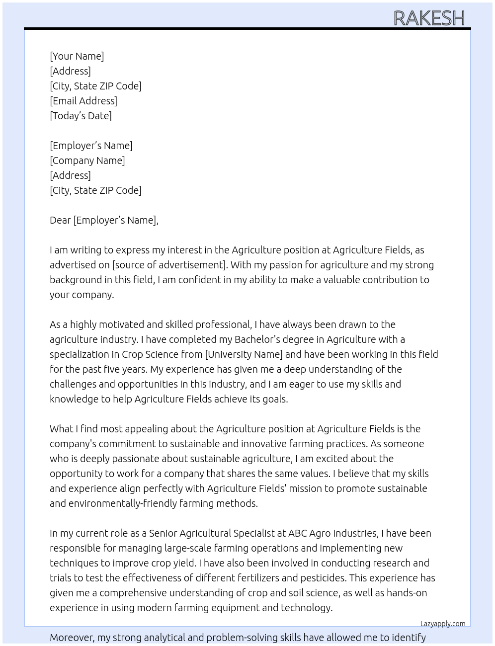 Agriculture At Agriculture fields Cover Letter