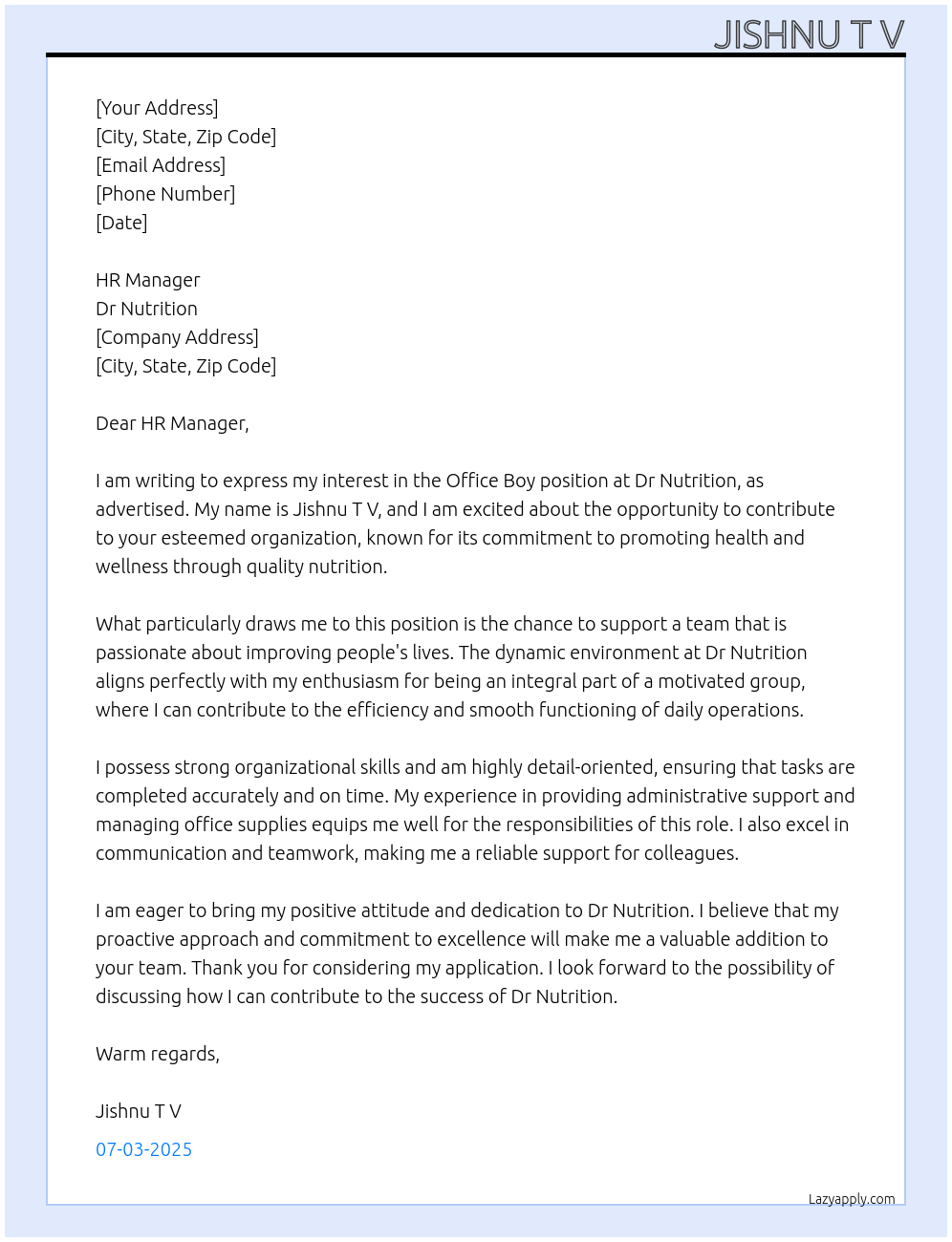 Office Boy At Dr Nutrition Cover Letter