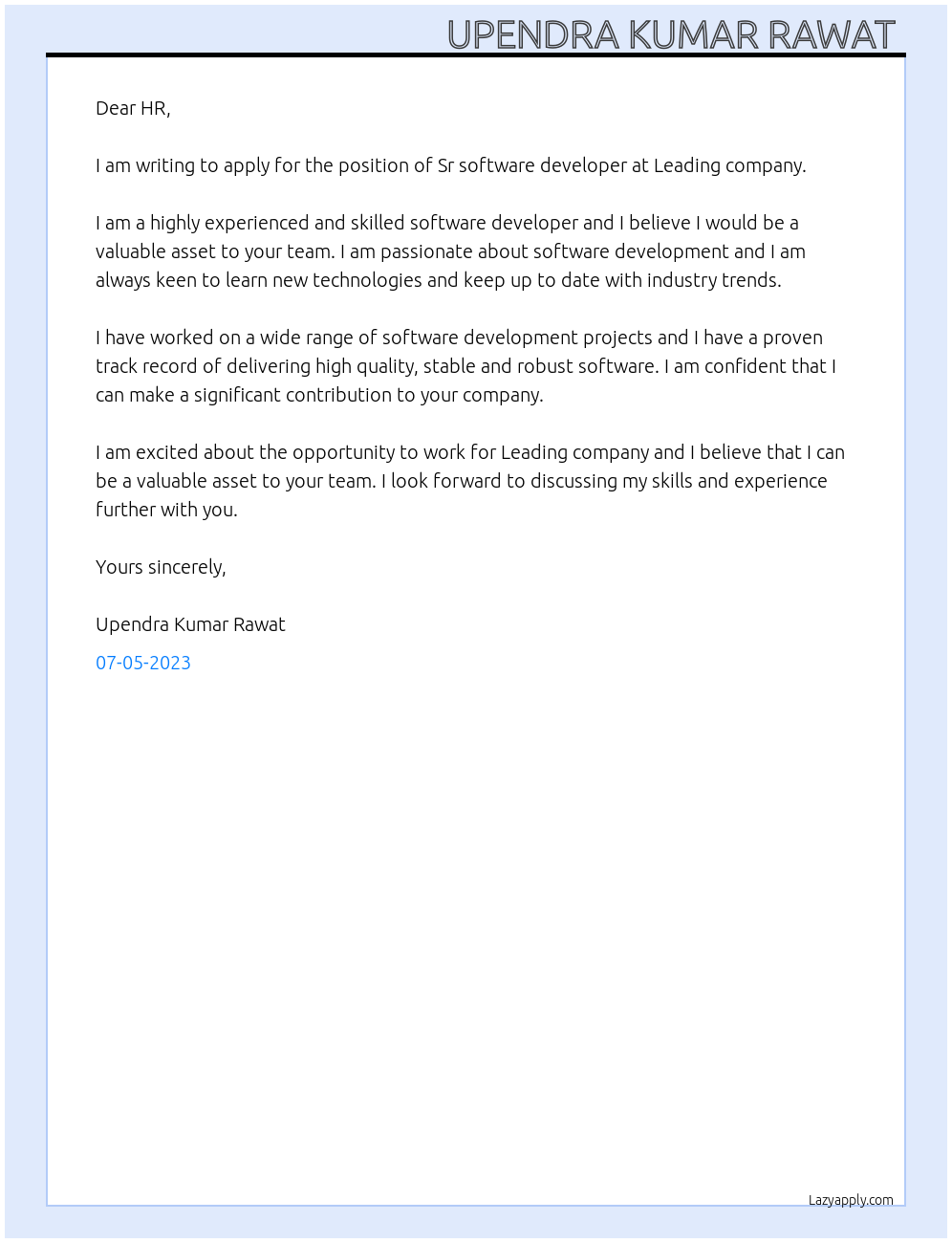 Sr software developer  At Leading company  Cover Letter