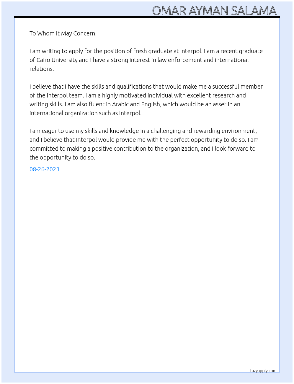 Fresh graduate At Interpol Cover Letter