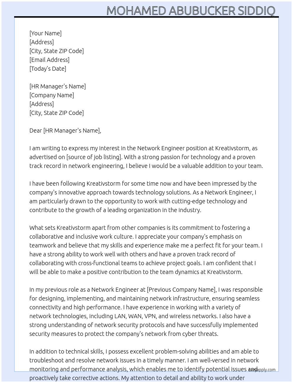 Network Engineer At Kreativstorm Cover Letter