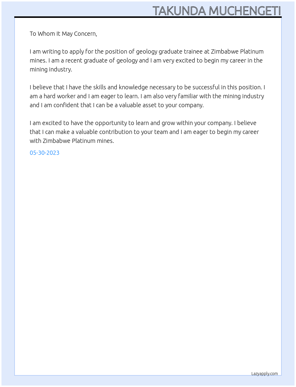 geology graduate trainee At Zimbabwe  Platinum mines Cover Letter