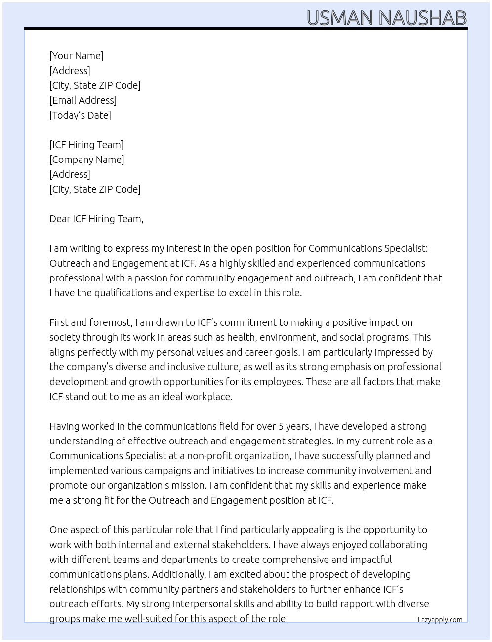 Communications Specialist: Outreach and Engagement At ICF Cover Letter